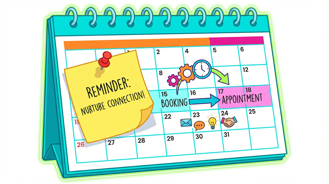 Calendar with a sticky note: "Reminder: Nurture Connection!" showing booking, appointment, and icons for lead engagement strategies.