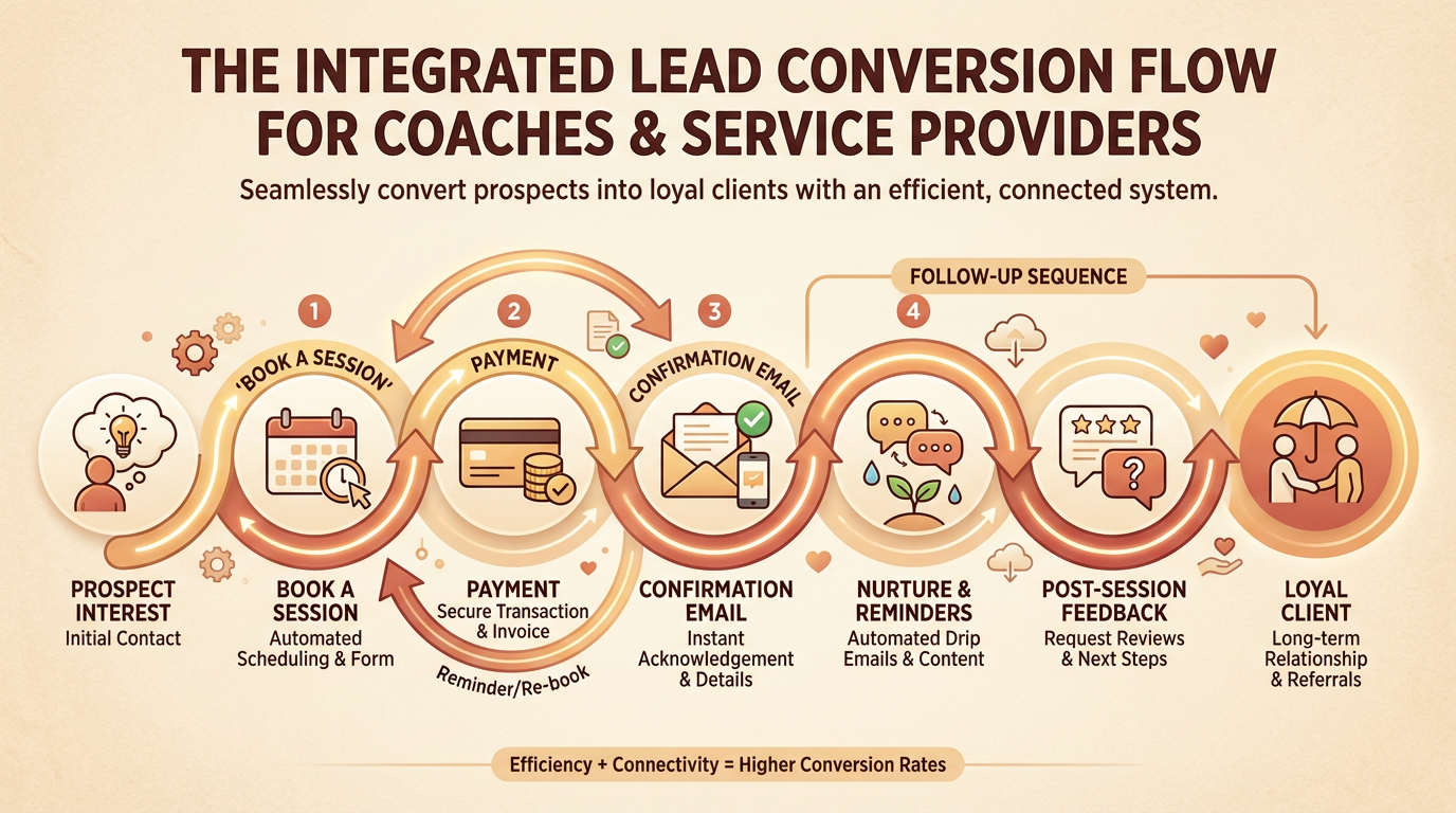 Lead conversion process for coaches highlighting booking systems, payment, confirmation, nurturing, feedback, client loyalty.