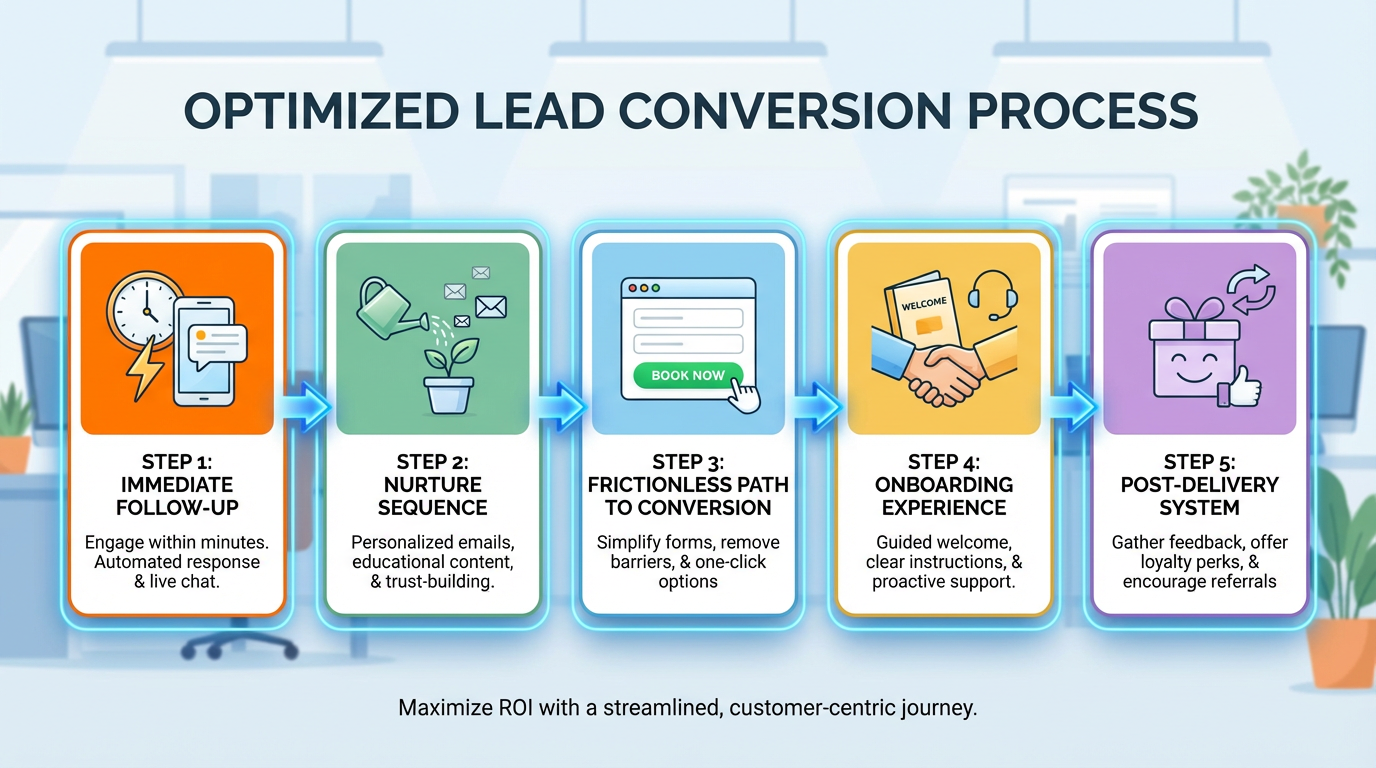 Optimizing lead conversion process with 5 steps: immediate follow-up, nurture sequence, frictionless conversion, onboarding, and post-delivery.
